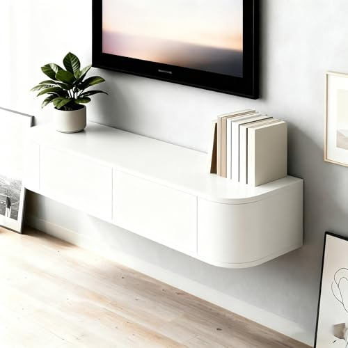 Wrtsxe Schwebende TV-Ständer aus Massivholz zur Wandmontage, Wand-Entertainment-Center mit Lagerschränken und herunterklappbaren Türen, schwebend für Wohnzimmer, Schlafzimmer, Büro (Blanc, 120cm)
