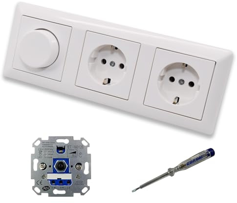EBROM SET IDEE: REV Ritter LED Drehdimmer Dimmer + Jung Dimmerscheibe A1740WW und 2 x Steckdose Kinderschutz A1520KIWW in AS500 alpinweiß glänzend + EBROM Phasenprüfer z. Montage der Geräte ET1 66012B