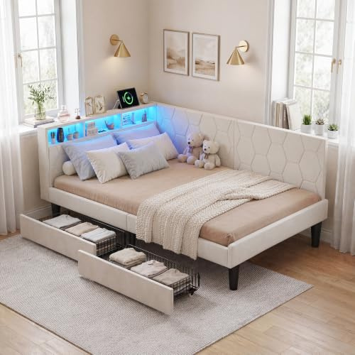 DAHUEN Kinderbett 90x200 cm, L-Form Schlafsofa, Kopfteil Links oder rechts montierbar, LED und USB, Polsterbett mit 2 Schubladen, Lattenrost, Samt Beige
