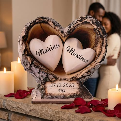 Personalisiertes Flaches Holz Deko-Schild Mit Namen & Datum Herz Baumstamm Tischdeko Geschenk für Paar Hochzeit Jahrestag Valentinstag (Style 1)