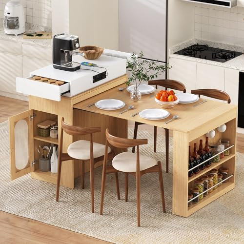Bladez Kücheninsel mit Rollen, Ausziehbarer Esstisch mit Faltbarer Tischplatte, Bartisch mit Stauraum Schubladen und Steckdosenleisten, Sideboard für Küche Esszimmer (Holz-E)
