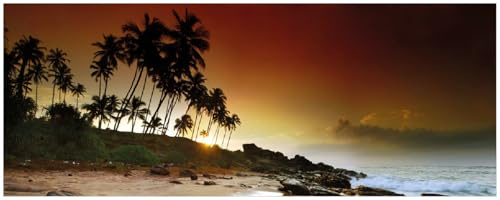 Wallario Memoboard aus Glas mit Motiv, Magnet-Tafel in 32 x 80 cm in Premium Qualität Sri Lanka - Palmenstrand mit Sonnenuntergang