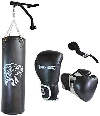 TrainHard Boxsack Sandsack gefüllt 90cm 30KG m. Wandhalter Boxhandschuhe 14OZ Bandage