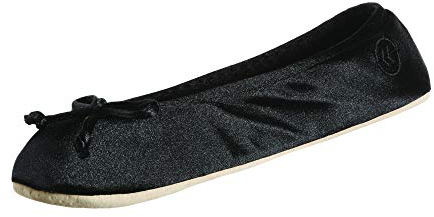 Isotoner Women's Satin Ballerina Slippers, Black, 3/4 UK