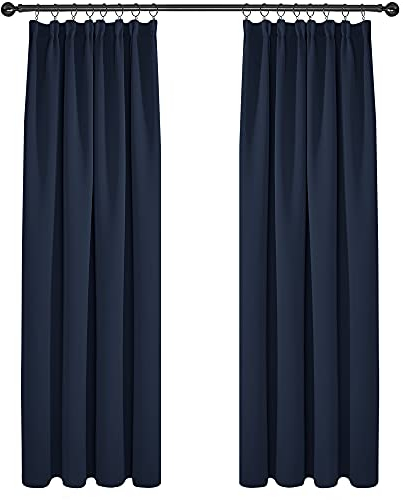 Deconovo Blickdicht Vorhang Gardinen Verdunkelungsgardinen mit Kräuselband Wohnzimmer Kälteschutz, 229x117cm(HöhexBreite), Dunkelblau, 2er Set