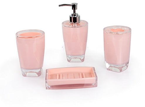 Fingey Modern Design 4 Piece Bathroom Accessory Set, Soap Dish, Tooth Brush Holder, Soap Dispenser, Rinse Cup (Pink)
