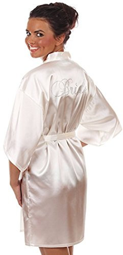 Braut Bademantel, BRIDE, mit Strasssteinen, Glitzer, Gr. 36-42, weiß, Satin, Morgenmatel glänzend, kurz Hochzeit Geschenk Hochzeitsgeschenk