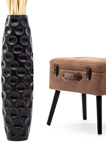 Leewadee Große Deko Bodenvase Für Dekozweige, Hohe Standvase Für Pampasgras, Design Holzvase, 70 cm, Schwarz