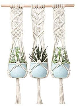 LANGUGU Macrame Plant Hanger with Wooden Dowel Three Tier Wall Hanging Planter Basket for Indoor Outdoor Flower Pot Plant Holder Wall Art Vintage-Inspired Home Boho Decor, Cotton Rope 4 Legs 41 inch