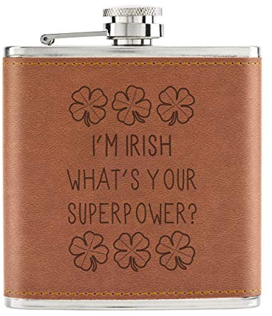I'm Irish What's Your Superpower Shamrock 6oz PU Leather Hip Flask Tan