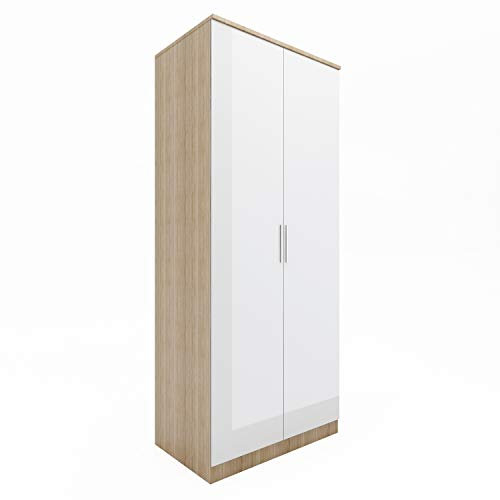 ELEGANT Modern High Gloss Soft Close 2 Doors Wardrobe with Metal Handles Includes a removable hanging rod and storage shelves, White/Oak