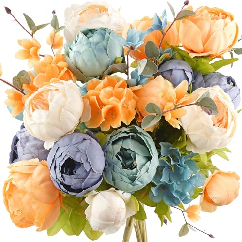 FiveSeasonStuff Künstliche Pfingstrosen im Vintage-Stil, Seidenblumen und Hortensien für Hochzeit, Braut, Heimdekor, schöner Tafelaufsatz, Arrangement, Deko mit 2 Blumensträußen (Vintage Peaceful)
