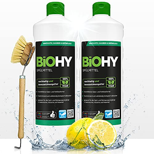 BiOHY Lavavajillas a mano (2 botellas de 1 litro) + Bomba dispensadora | Libre de fosfatos | libre de químicos dañinos y biodegradables | Adecuado para la restauración y el hogar (Spülmittel)