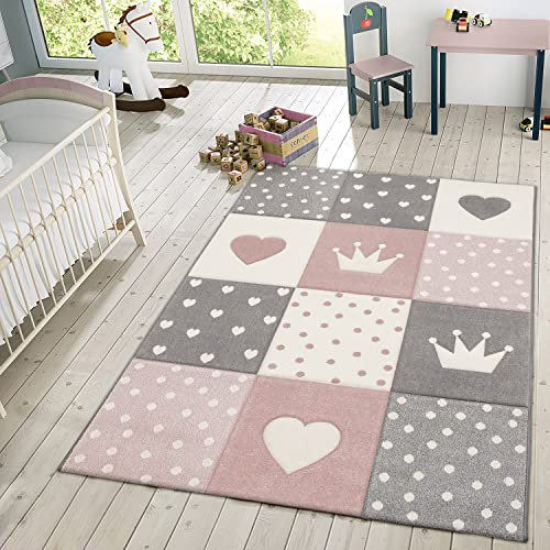 TT Home Kinder Teppich Spielteppich Karos Punkte Krone Herz Pastell Rosa Weiß Grau, Größe:240x340 cm