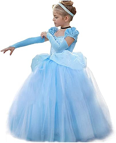 TYHTYM Cenerentola, vestito da principessa a maniche gonfie, abiti per occasioni speciali per bambine dai 6 ai 7 anni, abito elegante in pizzo ultra morbido per feste di compleanno, blu