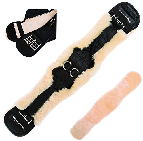 Merauno® Lammwolle Konturgurt mit abnehmbarem Lammfellbezug, Kurzgurt Dressurgurt, aus Qualitäts Merino Lammwolle, spezielle anatomisch konkave Form, für bessere Rutschfestigkeit. Farbe:Natur, Schwarz
