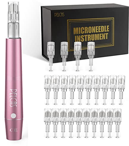 PELCAS Derma Microneedling Pen mit 7 Model LED Licht und 9 Geschwindigkeitsstufen Micro Needle Roller 0-2.5mm Electric Anti Aging Skin Device Falten Stretch Akne Haarausfall Porengröße 12 Stk. Nadeln