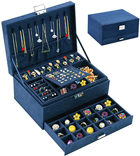 Jewelry Boxes for Women Navy Velvet Jewelry Organizer with Lock,Teen Jewelry Organizers and Storage Earring and Necklace Holder Organizer Box Womens Jewelry Box for Necklaces Earrings Rings Bracelets