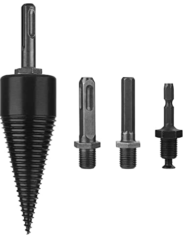 UUHUKP Abnehmbarer Brennholzspalter, 32/42 mm, schwarzer Karbonstahl, Schraubspaltkegel, Spiralbohrer, Brennholzbohrer mit rundem + Sechskant- und Vierkantschaft für Handbohrstäbe