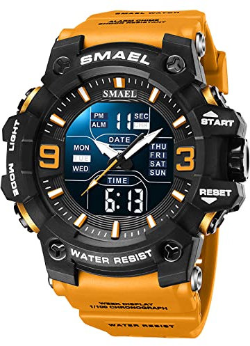 SMAEL GroßEs Zifferblatt Digitaluhr,Herren Multifunktionale Analoge Armbanduhr,50 M Wasserdicht MilitäR Sportuhr,Business Casual Chronograph,Orange