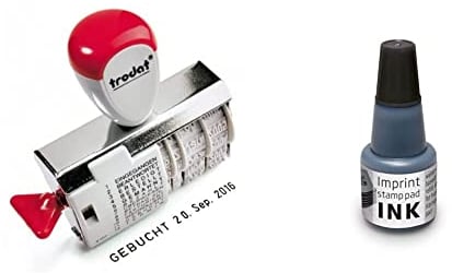 Trodat 1117 Classic Datums- und Wortbandstempel, Monat abgekürzt, Abdruckgröße 6 x 56 mm, schwarz & Imprint Stempelfarbe zum Nachfüllen für Stempelkissen 9072M & 9073M, Schwarz