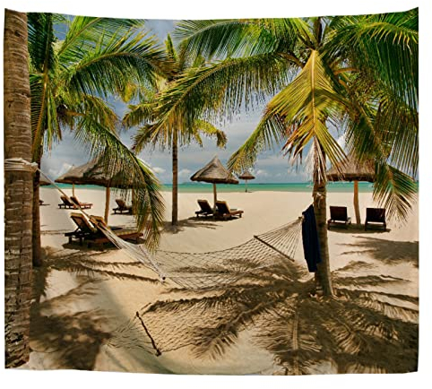 A.Monamour Wandteppich Tropischer Strand Mit Palmen Und Liegestühlen Reisen Urlaubsthema Stoff Tuch Tapisserie Wandbehang Wanddeko Wandkunst Wandbilder Wandtuch für Wohnzimmer Schlafzimmer 180x230cm