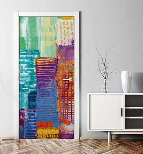 MyMaxxi - Tür bekleben mit Türtapete Türposter Türfolie Selbstklebend 90x200 Hochhaus Panorama - Tür verschönern Türaufkleber Türklebefolie Aquarell Zeichnung bunt Mehrfarbig