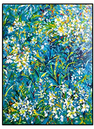 Tableau Peinture Huile sur Toile, Iris Blanc Fleur Buisson Plante Oeuvre Abstraite Moderne Originale Peinte À La Main Peintures À l'huile sur Toile Art Mural pour Salon Chambre Bureau Décor À L