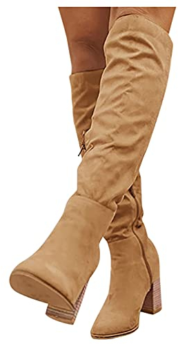 Stivaletti Invernali Donna Caldo Larghi Camoscio Stivaletti Elasticizzati Morbidi Pelle Stivali Alti Western Boots Sexy Sopra il Ginocchio con Tacco Anfibi Stivali Cowboy Vintage Curvy
