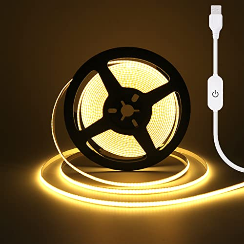 Wisada Dimmbar COB LED Streifen 3m, DC5V 320LEDs/m Flexibler LED Lichtband, Innenbereich Nicht Wasserdichte Warmweiß USB LED Band Lichterketten mit Löten Sie Weiß Touch Dimmer für Party(FPCB:5MM)