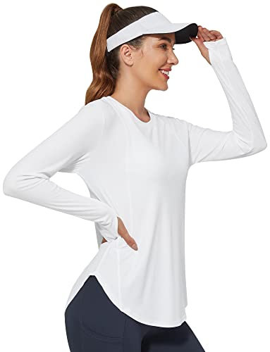 Promover Women's Activewear Long Sleeve Tops Workout Shirts UPF 50+ Sun Fitness T-Shirt Lightweight Quick Dry Outdoor Running Hiking Tops White