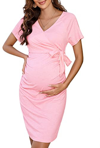 KOJOOIN Robe de maternité élégante pour Femmes Robe de Grossesse à col en V Robe d'allaitement avec Robe Droite à Plis,Rosa(Kurzarm) XL