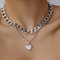 Inateannal Punk Geschichtete Klobige Kette Halsketten Silberne Kubanische Gliederkette Kette Herz Opal Anhänger Halskette Kubanische Dicke Flache Gliederkette Choker-Schmuck Für Frauen Und Mädchen