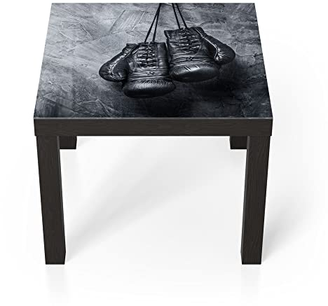 DEQORI Glastisch | schwarz klein 55x55 cm | Motiv Antike Boxhandschuhe | ausgefallener Beistelltisch aus Glas | Hochglanz Couchtisch fürs Wohnzimmer | moderner Couch Tisch mit Design