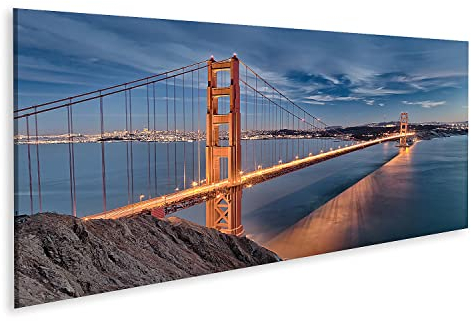 islandburner Bild auf Leinwand Die Golden Gate Bridge In San Francisco Bucht Bei Nacht Wandbild Poster Bilder 120x40cm - Panorama