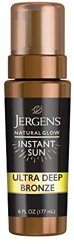 Jergens Natural Glow Instant Sun Body Mousse, Self Tanner for Ultra Deep Bronze Tan, Sunless Tanning Body Bronzer, Natural Looking Fake Tan, 6 Oz
