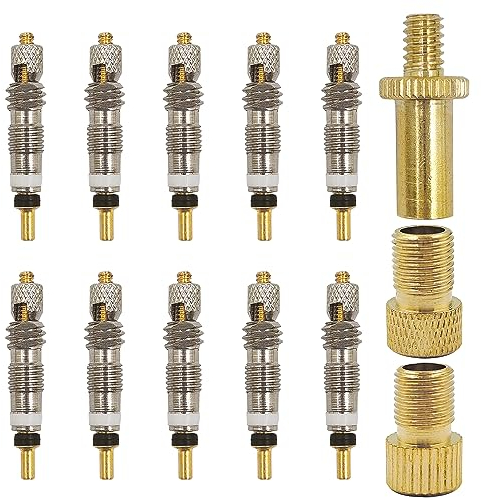 Bike Presta Valve Core Removal Tool, 10 Pcs Presta Valve Core + 3 Pcs Presta Valve Adapter, Replacement Copper Tubeless Core Valve and Inflate Tire Converter Tools Set for Universal Road Bicycle MTB