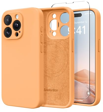 SuydanBox Magnetic for iPhone 15 Pro Case, Compatible with MagSafe, [Full Camera Protection][Screen Protector] Silicone Shockproof Protective Phone Case for iPhone 15 Pro 6.1, Cantaloupe