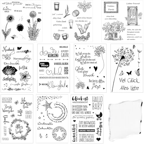 NAROSEBE 11 Blätter Silikonstempel Deutsch Set, Silikonstempel Weihnachten Geburtstag Clear Stempel Sprüche Deutsch Transparente Glückwunsch Stempel Silikon Pusteblume mit Acrylplatte Clear Stamps