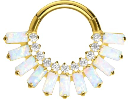 PIERCINGLINE Titan Segmentring Clicker eingefassten Kristallen & synthetischen Opalen Piercing Nase Septum Ohr Helix Tragus Goldfarben