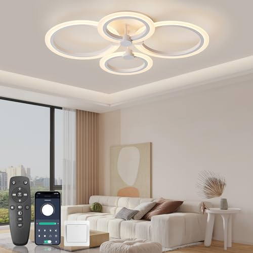 KSIBNW LED Deckenleuchte Dimmbar Modern, Deckenlampe Wohnzimmer mit Fernbedienung & APP-Steuerung 36W Deckenleuchte Esstisch 4 Ring Acryl Weiß Deckenleuchte Schlafzimmer 2700K-6500K Dimmbar