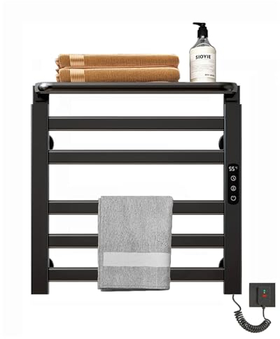 Sèche-Serviette Électrique Petit, 135W Chauffe-Serviettes 50x50cm Porte Serviettes électrique Economie d'énergie avec Minuterie, LCD Écran Tactile, Thermostat, pour Salle de Bain, Cuisine, Noir