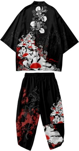 DOSLAVIDA Ensemble de veste kimono japonaise pour homme - Élégant manteau ouvert sur le devant avec short - Costume cardigan imprimé de style chinois, Small