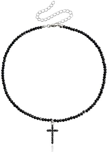 SCJJZ Collares para mujer,Gargantilla con colgante de cruz con cuentas de cristal negro, collar corto y fino