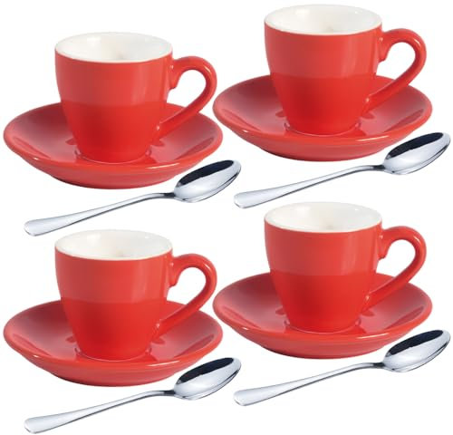 homEdge Lot de 4 tasses à expresso en porcelaine avec soucoupes et cuillères en acier inoxydable Rouge 80 ml