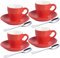 homEdge Juego de 4 tazas de porcelana con platillos y cucharas de acero inoxidable, 80 ml, color rojo