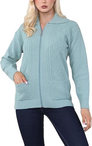 Womens Zipped Cable Knit Long Sleeve Collar Cardigan, Ladies Classic Chunky Winter Knitwear Zip Through Fasten with Pockets Pullover Jumper Top Zipper UK Plus Size 8-22, Dusty green-16-18