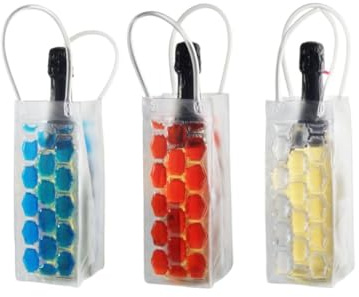 Fackelmann 9911350 Lot de 3 Sacs rafraîchissants pour bouteilles, sac à bouteille, sac à glaçons pour bouteille, PVC, Gel, Rouge, Bleu, Transparent, 37 x 10,5 x 1 cm