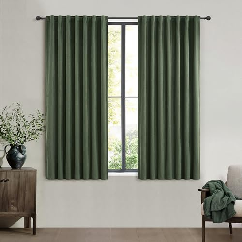 QJmydeco Green Country Küchenvorhänge, 137 cm lang, kleines Kellerfenster, Verdunkelung, kühlende Vorhänge für Sommer, Hitze, Leinen, Café, Klassenzimmer/Wohnheim, Dunkles Olivgrün, Vorhänge