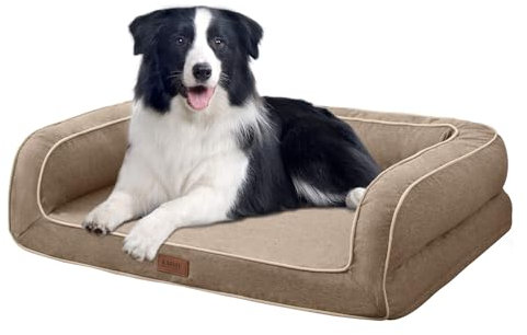 EMME Hundebett Kleine Hunde, 68 x 50 x 17 cm, Orthopädisches Hundebett Wasserdicht, Deluxe Hundesofa Mit Eierschaum Matratze und abnehmbarem, Waschbarem Bezug Hundekorb Alle Jahreszeiten, Leinen Braun